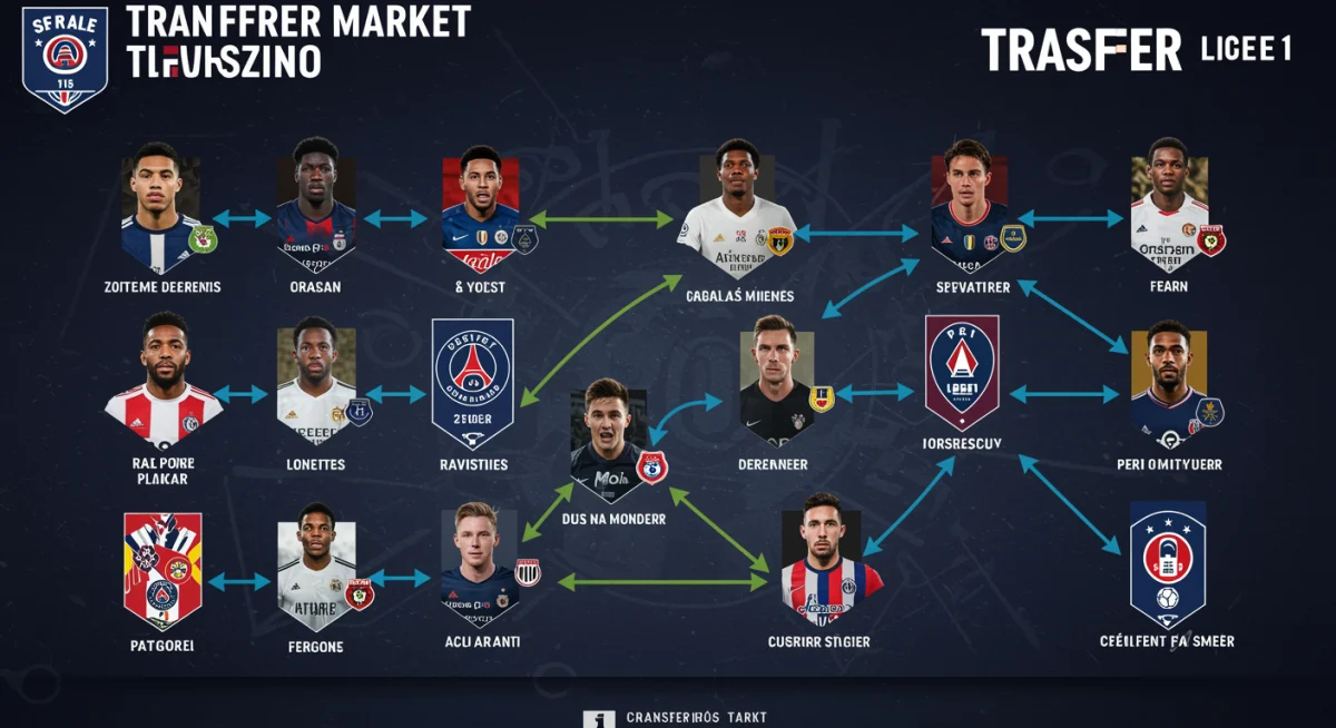 Tableau de transferts numérique affichant les mouvements de joueurs entre clubs de Ligue 1, avec des logos d'équipes et des profils de joueurs.