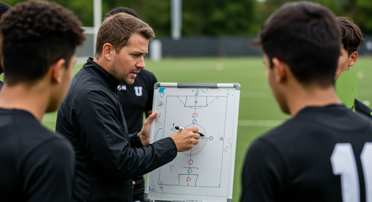 Entraîneur expliquant une stratégie tactique à de jeunes joueurs de football universitaire français lors d'une séance d'entraînement.
