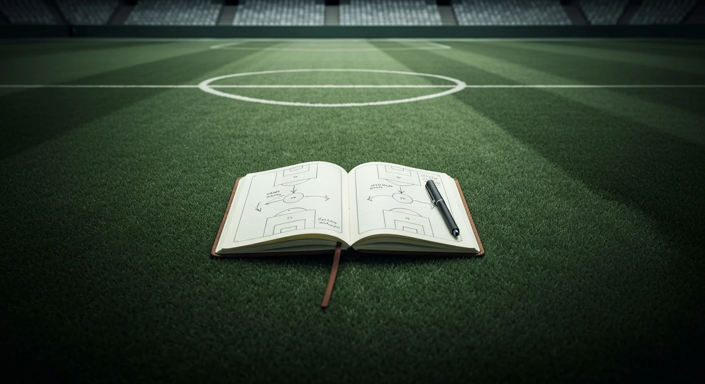 Vue aérienne d'un terrain de football avec un carnet ouvert et un stylo, symbolisant l'analyse tactique et la rédaction de comptes rendus de match.