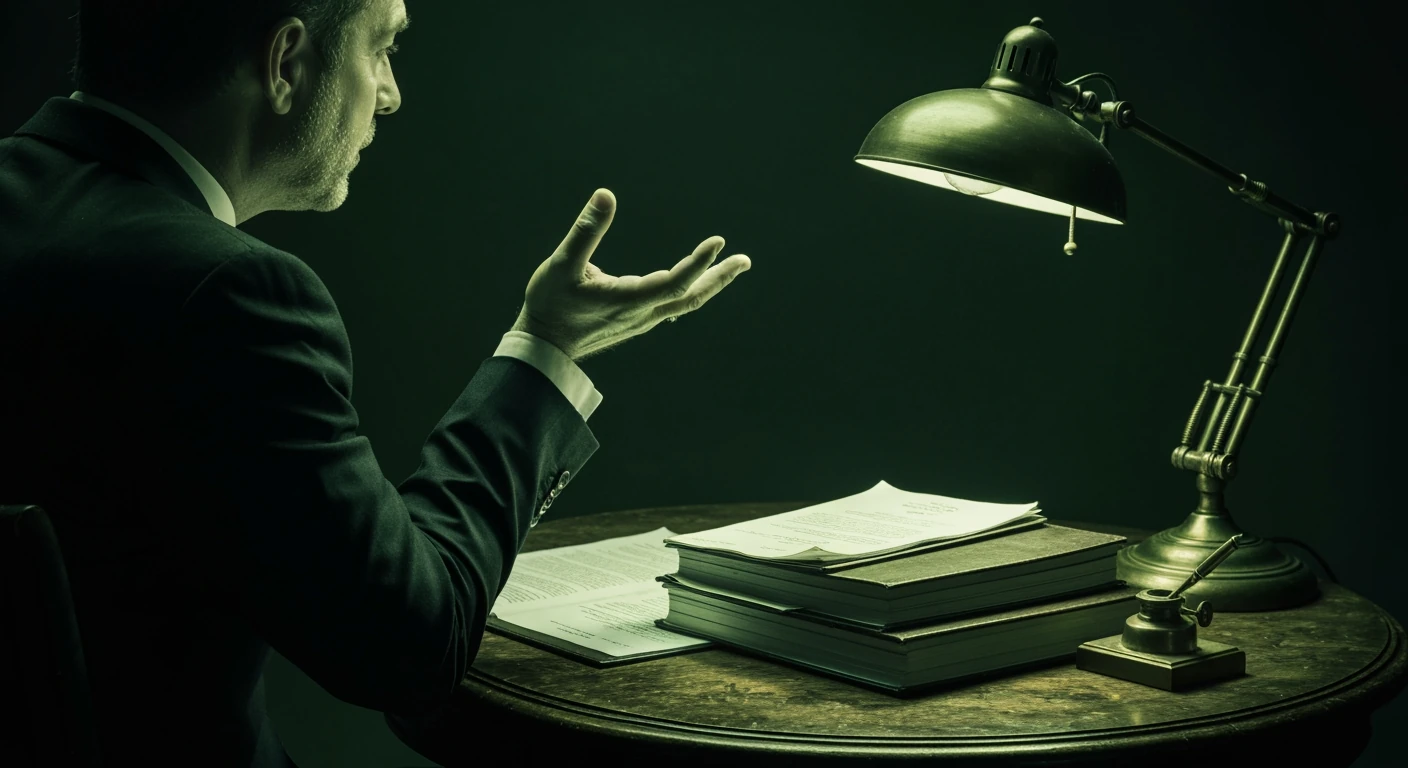 Un agent de football discutant de transferts complexes autour d'une table en acajou, des contrats empilés et un encrier en laiton, éclairé par une lumière dramatique d'une lampe de bureau.