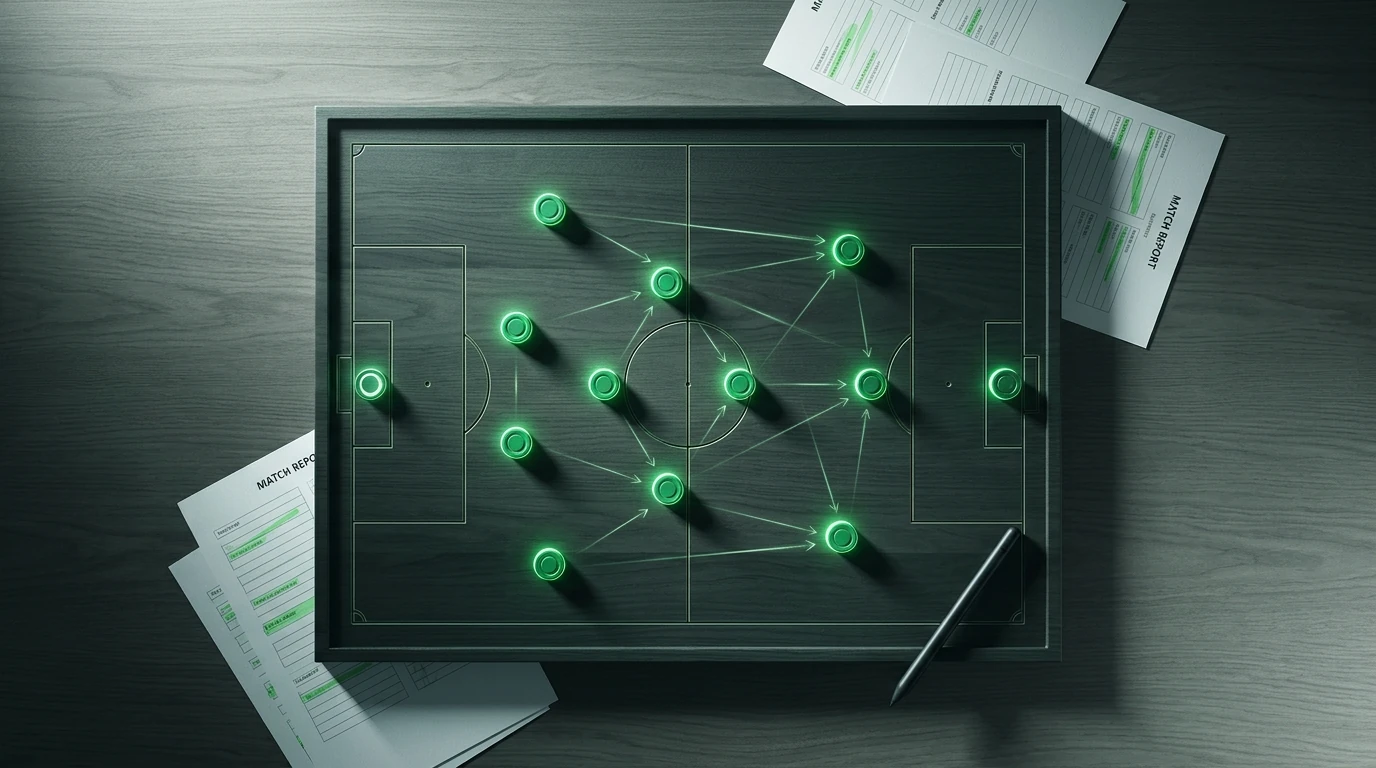 Vue aérienne d'un tableau tactique de football en bois foncé avec des pièces de joueurs magnétiques vertes et des rapports de match, sous un éclairage dramatique, symbolisant l'analyse stratégique et l'impact sur le mercato.