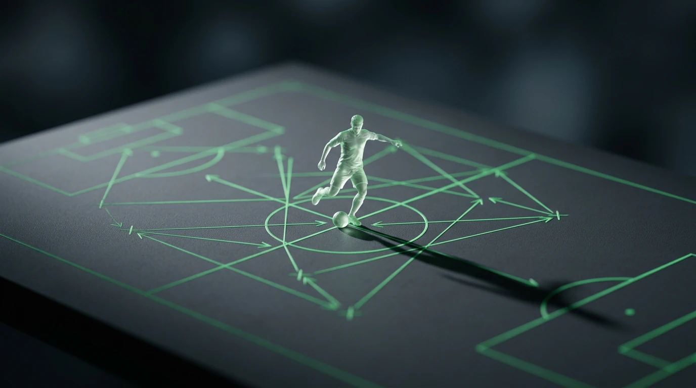 Composition abstraite et minimaliste représentant l'analyse tactique du football, avec des lignes vertes lumineuses sur un plan gris foncé et une figurine de joueur de football en résine translucide.