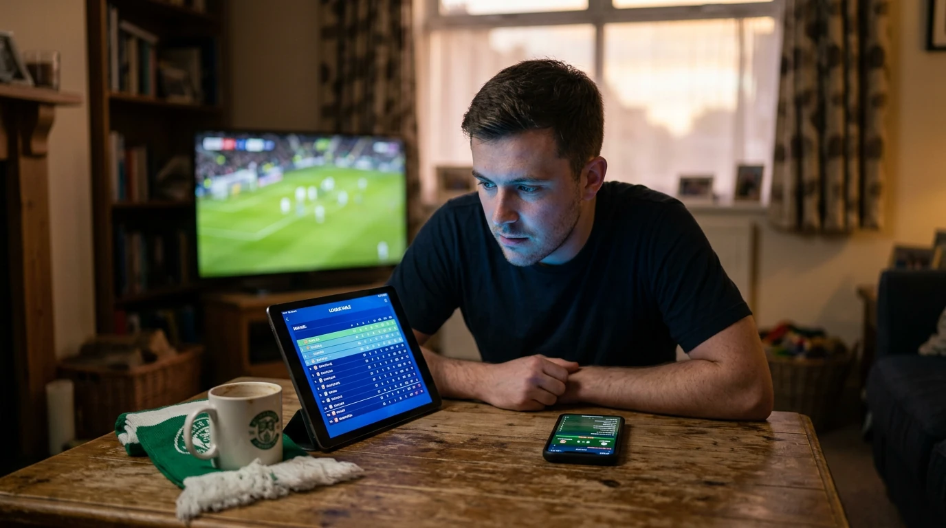 Un jeune fan de football concentré sur plusieurs écrans affichant des résultats en direct, des statistiques et des moments forts de matchs, dans une ambiance chaleureuse.