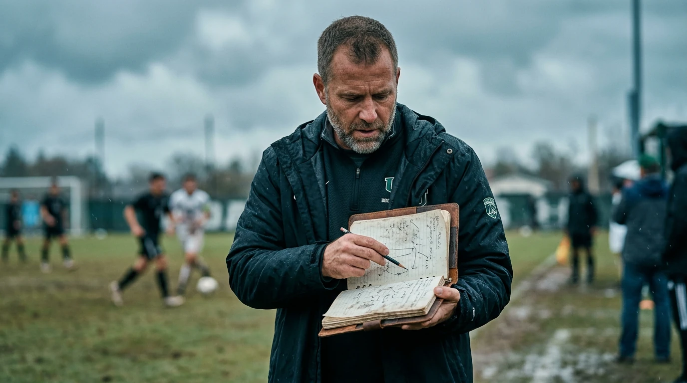 A focused college soccer coach holding a worn tactical notebook on a muddy field, with players blurred in the background. High-contrast documentary style.