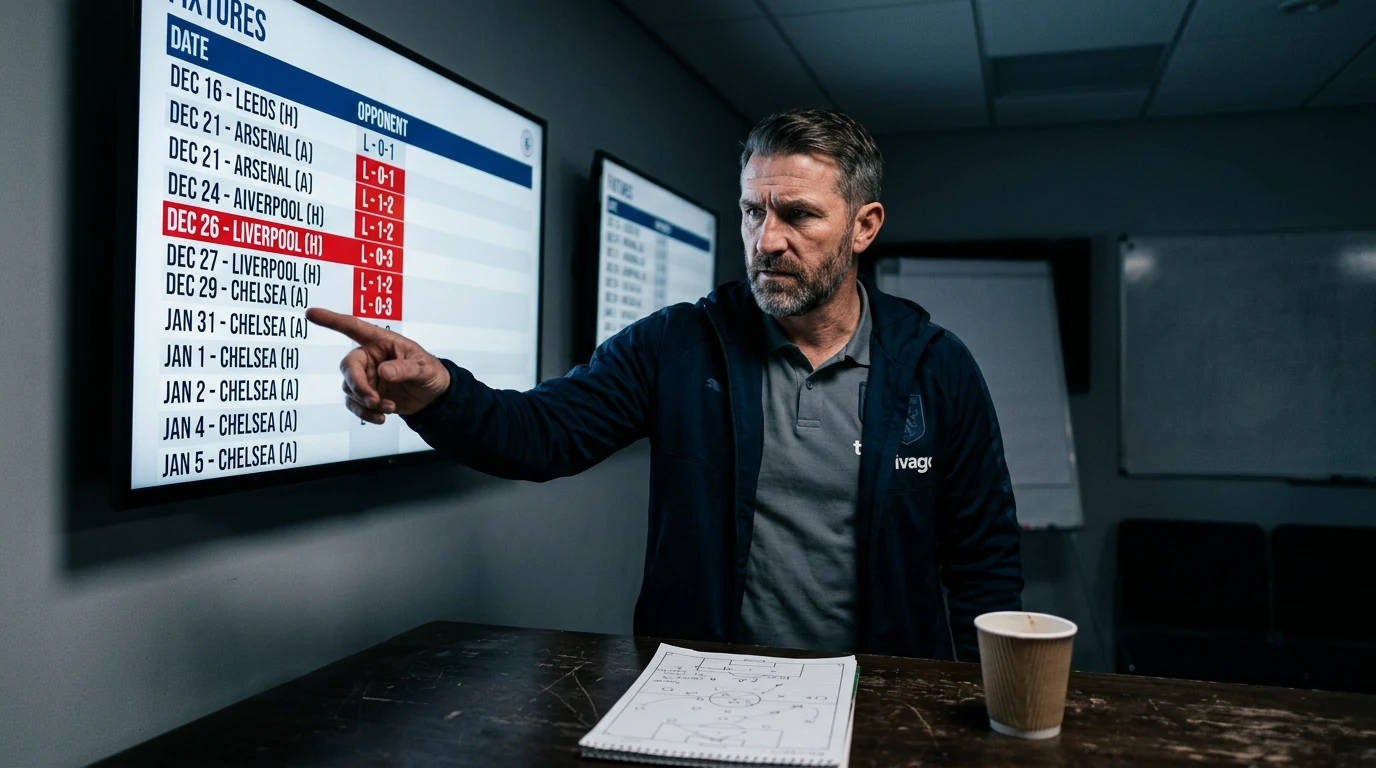 A soccer coach, tension on his face, points at a digital fixture calendar showing recent negative results, in a dimly lit strategy room, underlining the urgency of transfer decisions.