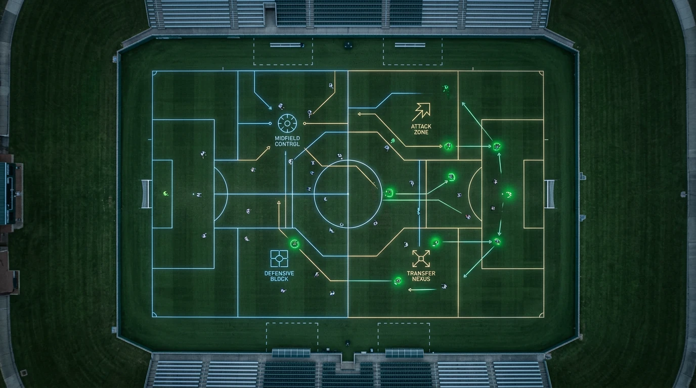 Aerial drone view of a stylized college soccer field, with luminous geometric patterns and small abstract player figures moving strategically, symbolizing the NCAA transfer portal. The scene is lit by soft, diffuse light that highlights the precise lines.